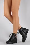 Bamboo Studded Zipper Combat Lace Up Flat Ankle Boots