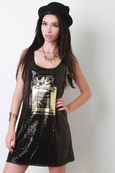 Perfume Graphic Sleeveless Sequined Dress