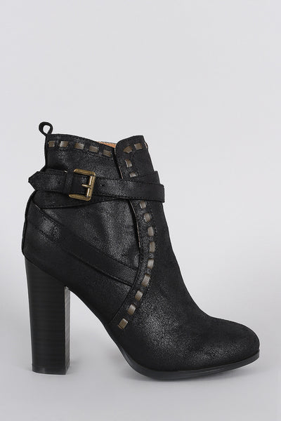 Qupid Distressed Strappy Stitched Thick Heeled Ankle Boots