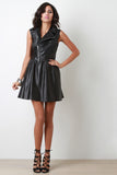 Vegan Leather Zipper Sleeveless Skater Dress