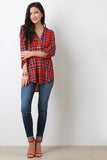 Plaid Split V-Neck Long Sleeves Top