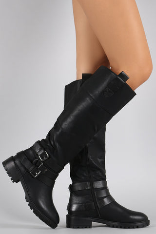 Qupid Buckle Lug Sole Riding Knee High Boots