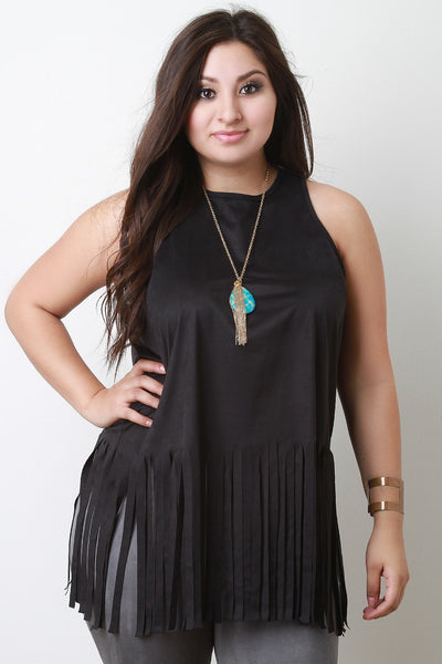 Sleeveless Suede Fringe Hem Top