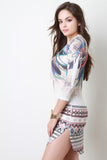 Feather and Geo Print Long Sleeve Dress