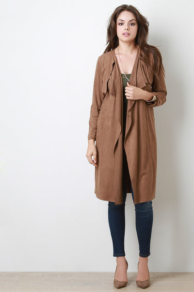 Suede Draping Open Front Longline Cardigan