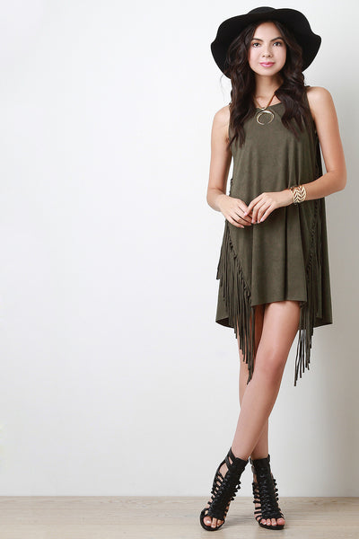 Slanted Fringe Suede Shift Mini Dress