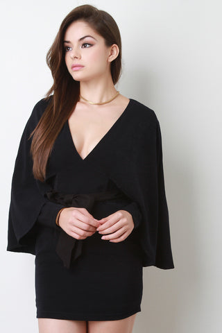 Suede Bow Belt Long Sleeve Cape Dress