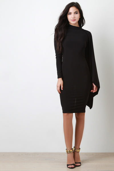 Open Back Mock Neck One Shoulder Cape Long Sleeves Midi Dress