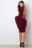 Open Back Mock Neck One Shoulder Cape Long Sleeves Midi Dress