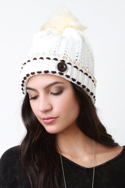 Button And Fur Pom Pom Ridged Knit Beanie