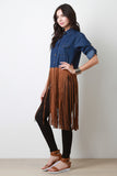 Contrast Suede Fringe Denim Long Sleeves Maxi Top