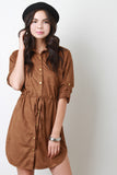 Suede Collared Drawstring Button-Up Shirt Dress