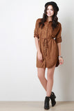 Suede Collared Drawstring Button-Up Shirt Dress