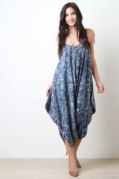 Acid Wash Draping Denim Harem Jumpsuit