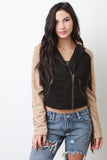 Zipped Up Two Tone Suede Fringe Long Sleeves Jacket