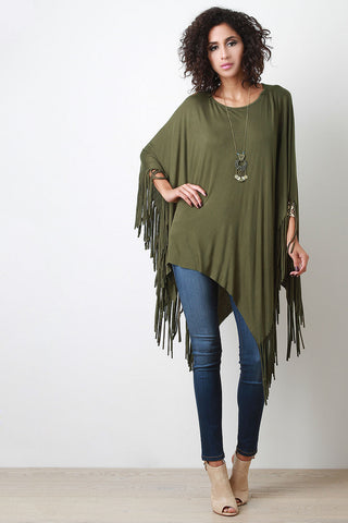 Raw Asymmetrical Fringe Poncho Top