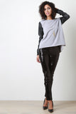 Vegan Leather Sleeve Raw Hem Sweatshirt Top