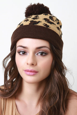 Leopard Knit Pom Pom Beanie