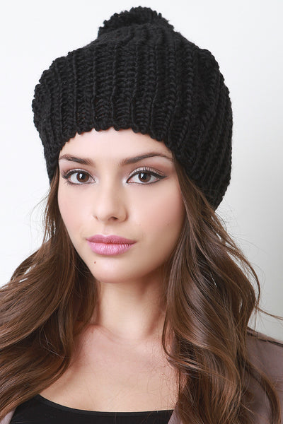 Rib Knit Pom Pom Beanie