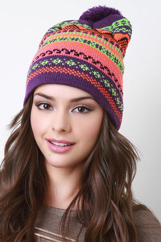 Multicolor Fair Isle Pom Pom Beanie