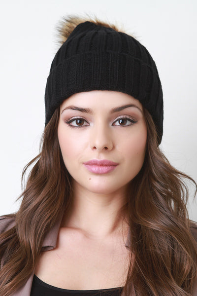 Fur Pom Pom Wide Ribbed Beanie