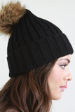 Fur Pom Pom Wide Ribbed Beanie