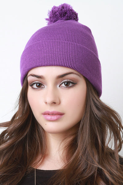 Pom Pom Thin Ribbed Beanie