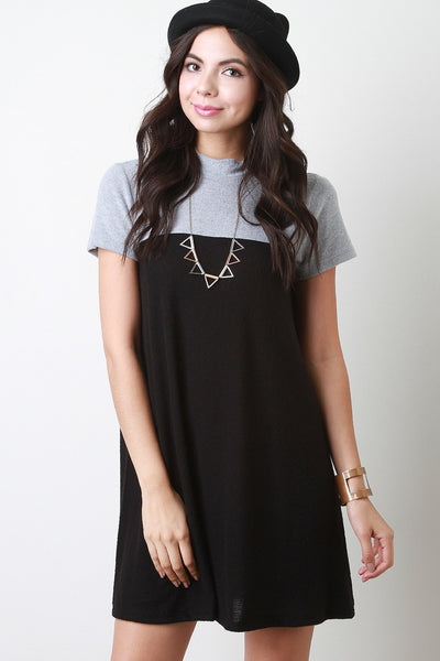 Two Tone Mock Neck Short Sleeves Shift Dress