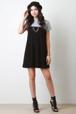 Two Tone Mock Neck Short Sleeves Shift Dress