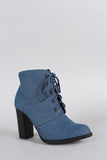 Denim Almond Toe Lace Up Heeled Combat Ankle Boots