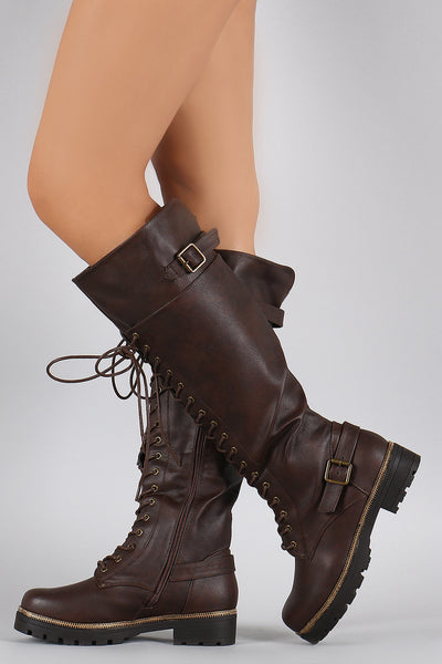 Buckled Combat Lace Up Lug Sole Knee High Boots