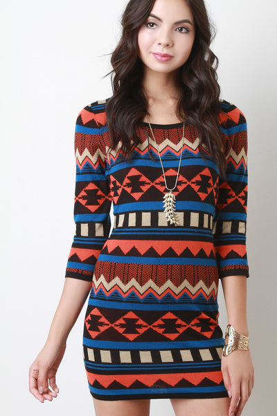 Tribal Print Sweater Quarter Sleeves Mini Bodycon Dress