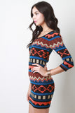 Tribal Print Sweater Quarter Sleeves Mini Bodycon Dress