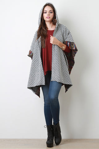 Square Textured Hoodie Cape Coat