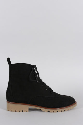 Qupid Suede Lug Sole Round Toe Lace Up Combat Ankle Boots