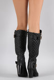 Buckled Quilted Zip Up Round Toe Heeled Knee High Boots