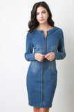 Zip up Denim Back Cutout Long Sleeves Midi Dress