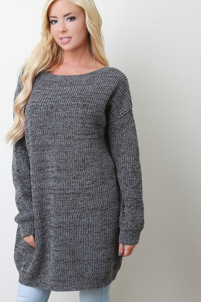 Deep Back V-Neck Long Sleeves Sweater Dress