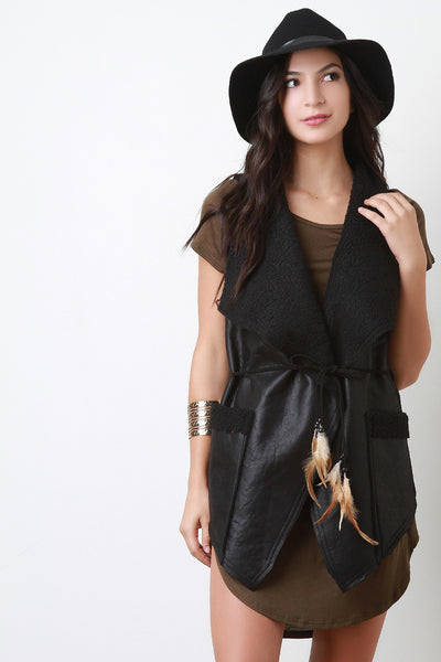 Vegan Leather Shearling Oversized Collar Sleeveless Belted Vest