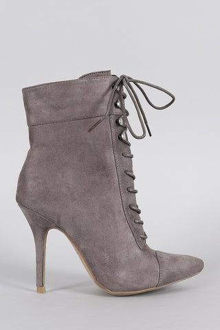 Wild Diva Lounge Suede Combat Lace Up Stiletto Booties