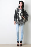 Fringe Hem Marled Knit Tribal Pattern Poncho