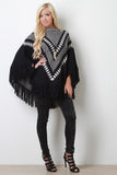 Fringe Hem Patterned Crew Neck Poncho