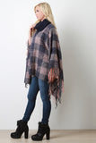 Plaid Contrast Turtleneck Fringe Poncho