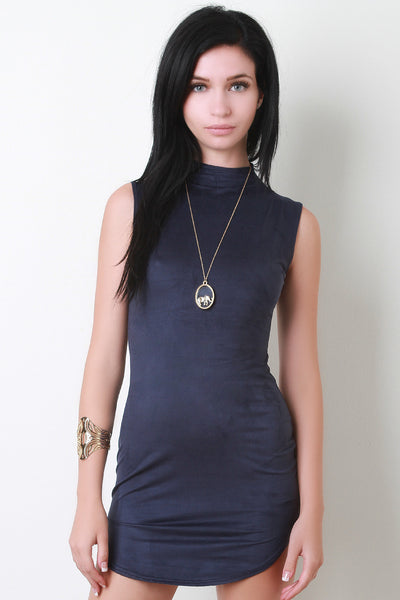 Vegan Suede Mock Neck Sleeveless Mini Dress