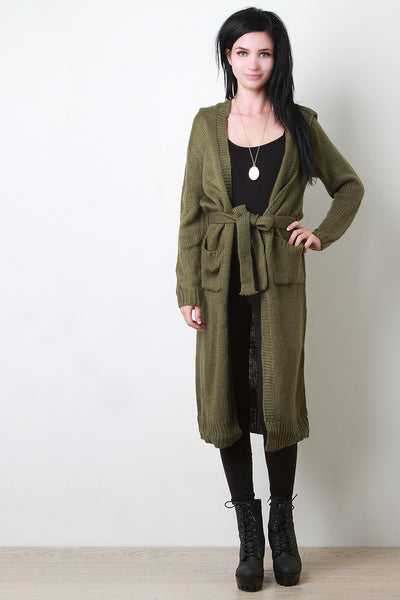 Waist Tie Long Sleeves Hooded Cardigan