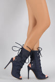 Shoe Republic LA Denim Front-Back Corset Lace Up Heel