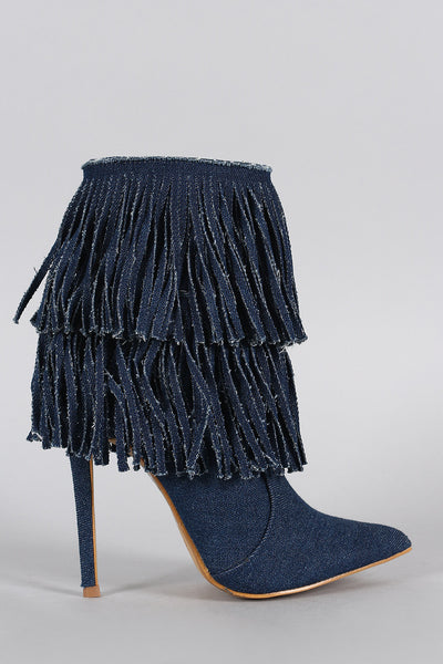 Shoe Republic LA Denim Layered Fringe Pointy Toe Stiletto Booties