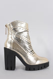 Metallic Western Slits Pointy Toe Lug Platform Chunky Heel Boots