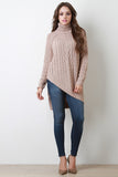 Mixed Cable Knit Turtleneck Long Sleeves Asymmetrical Hem Sweater