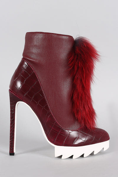 Privileged Crocodile Pointy Toe Faux Fur Stiletto Booties